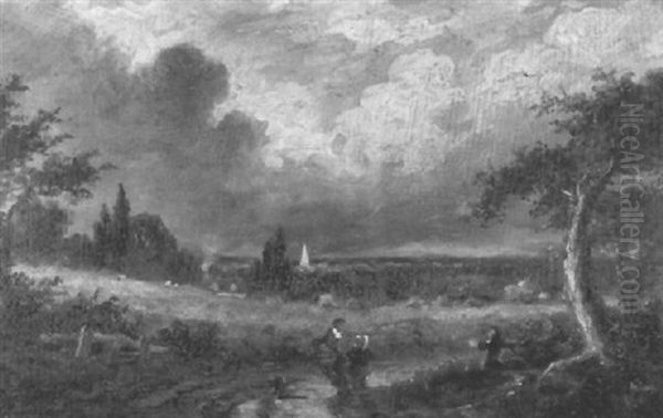 Figures On A Track In A Stormy Landscape Oil Painting by James Thomas Linnell