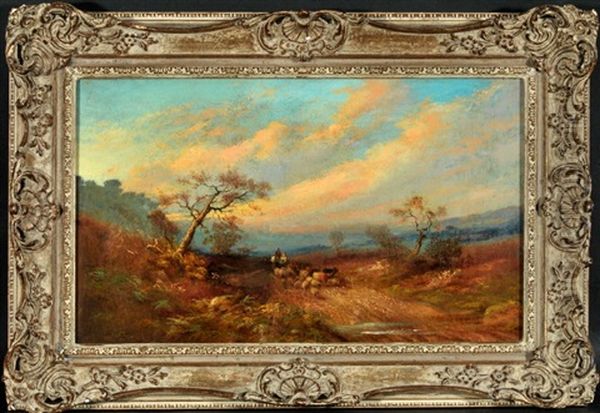 Bauer Zu Pferd Mit Schafherde In Karger Landschaft Oil Painting by John Linnell