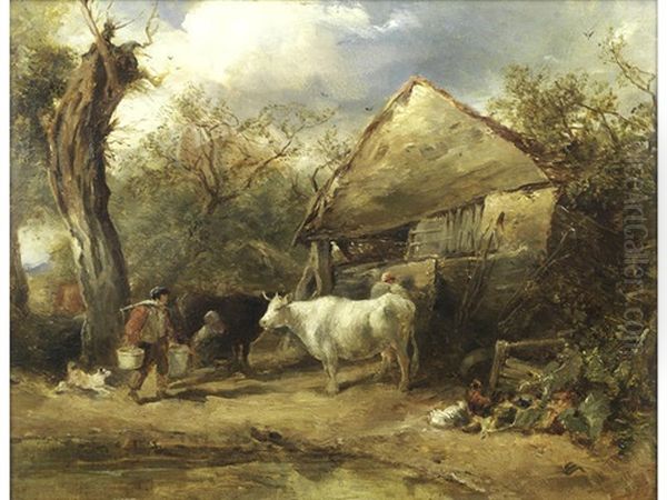 Farmyard Scene Oil Painting by John Linnell