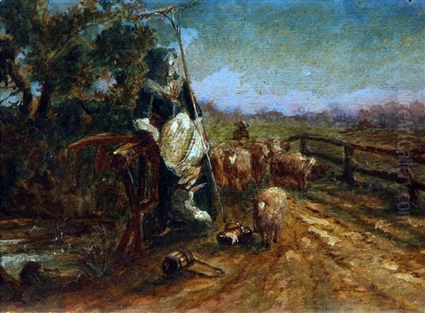 Farm Worker, Young Child And Sheep Oil Painting by John Linnell