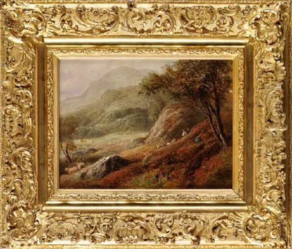 A Pastoral Landscape With Shepherds Tending A Flock On A Hillside Oil Painting by John Linnell