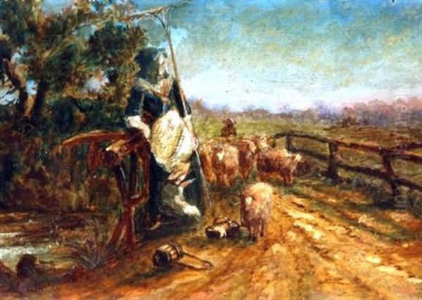 Farm Worker, Young Child And Sheep by John Linnell