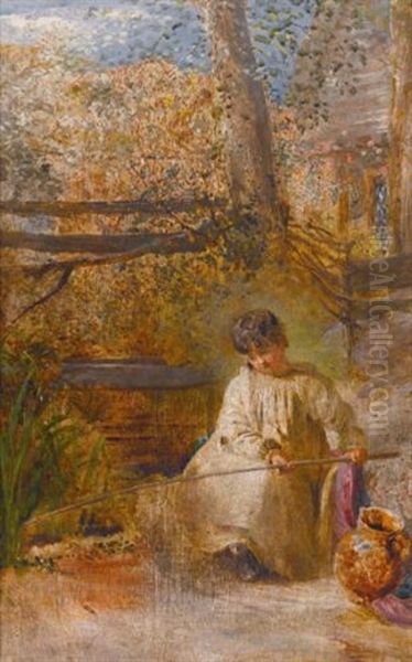 A Boy Fishing Oil Painting by John Linnell