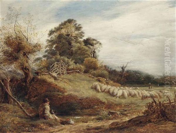 Shepherd And His Collie Guarding The Flock Oil Painting by John Linnell