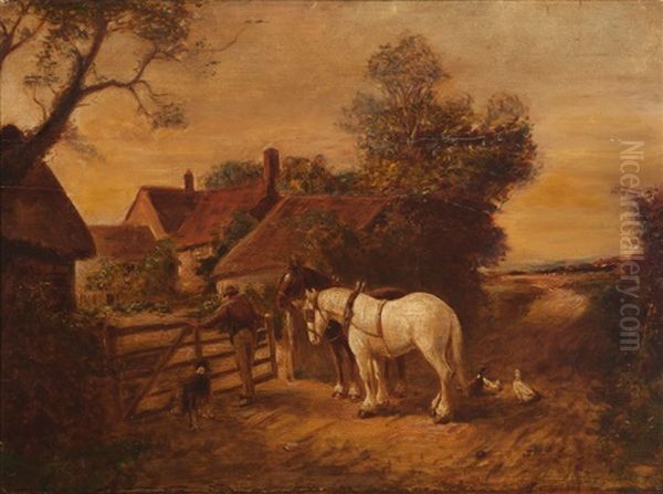 End Of The Day, Farmer Returning Horses To The Farm Oil Painting by John Linnell