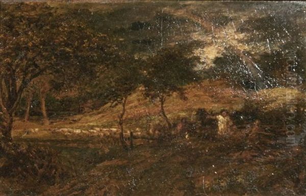 Landscape With Figures And Sheep At Sunset Oil Painting by John Linnell