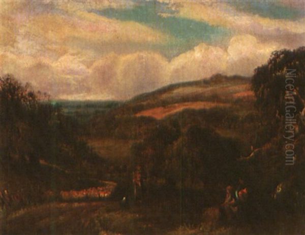 Landscape With Shepherd And Rustic Figures Oil Painting by John Linnell