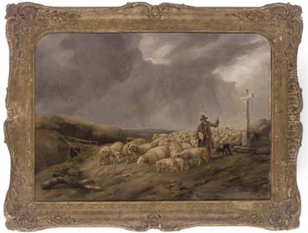 A Shepherd With His Flock Oil Painting by John Linnell