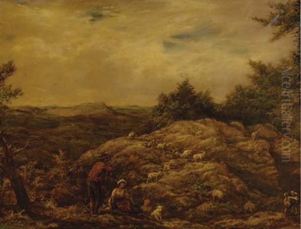 A Shepherd And Sheep In A Landscape Oil Painting by John Linnell