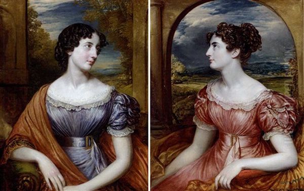 Portrait Of Miss Jane Puxley In A Blue Dress (+ Portrait Of Miss Puxley In A Pink Dress; Pair) Oil Painting by John Linnell