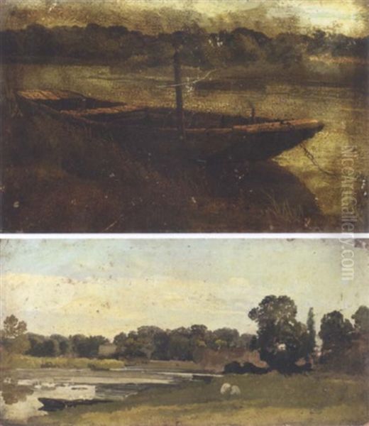 Study Of A Punt Moored At Twickenham (+ A Study Of A River Landscape; 2 Works) Oil Painting by John Linnell