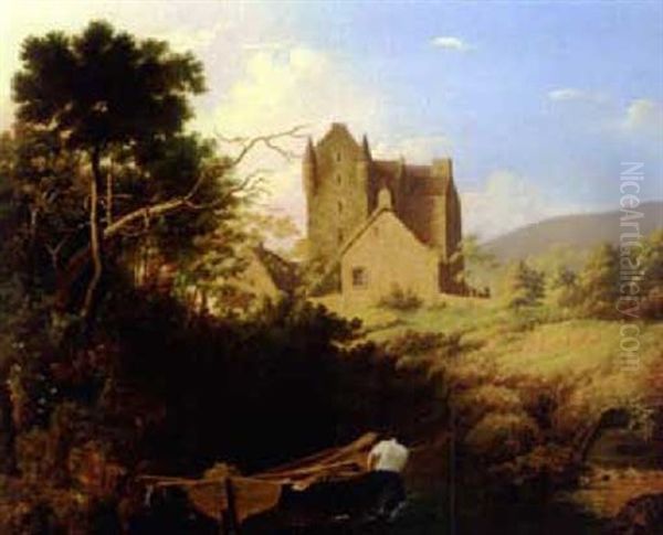 Boatman On The Banks Of A Baronial Estate Oil Painting by John Linnell