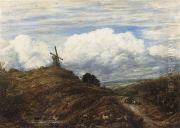 A View Of The Windmill At Reigate Heath With A Figure And Cart And A Flock Of Sheep Grazing In The Foreground Oil Painting by John Linnell