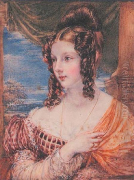 Lady Elizabeth Belgrave Wearing Decollete Burgundy And White Dress, Hand Raised To Hold A Golden Shawl, Her Hair Upswept And In Ringlets Oil Painting by John Linnell