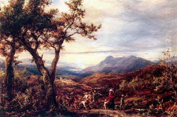 An Extensive Mountainous Landscape With Travellers In The Foreground Oil Painting by John Linnell