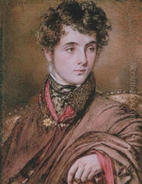 A Young Gentleman Wearing Brown Cape With Fur Collar And Crimson Lining, Fastened With A Gold Clasp And Black Stock Oil Painting by John Linnell