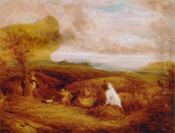 A Shepherd With His Flock And Harvesters In A Surrey Landscape Oil Painting by John Linnell