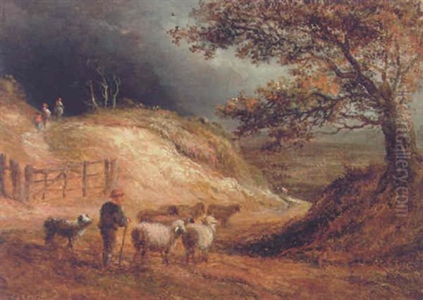 A Shepherd With His Flock On A Wooded Path Oil Painting by John Linnell