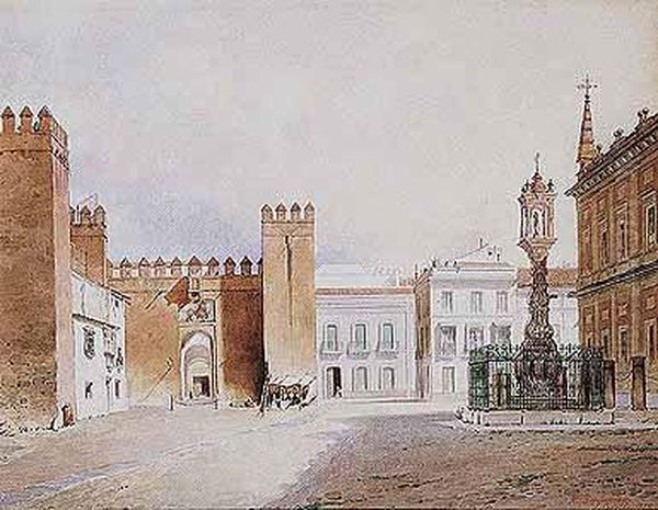 Vista De La Puerta Del Alcazar De Sevilla Oil Painting by Rafael Benjumea