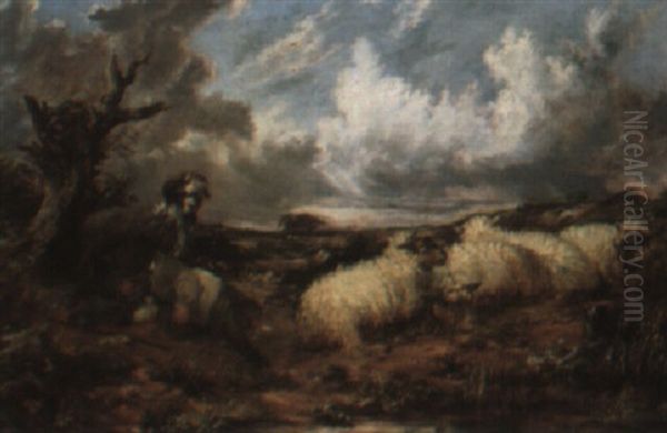 A Resting Shepherd Boy With Sheep Oil Painting by John Linnell