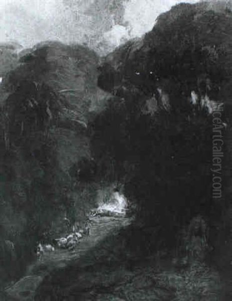 Sketch Of Sheep In A Wooded Landscape Oil Painting by John Linnell