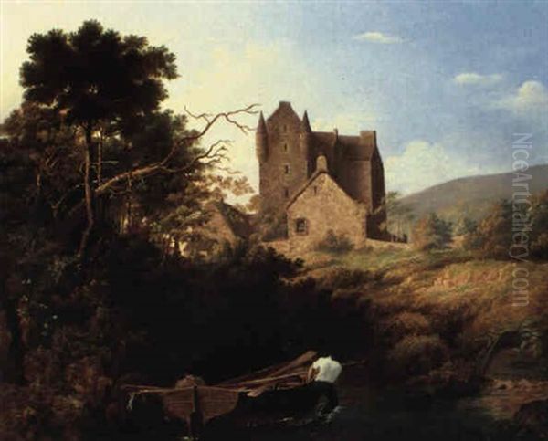 Scottish Baronial Castle On A Loch Oil Painting by John Linnell