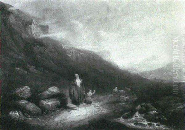 A Mountainous Landscape With A Mother And Child On A Path Oil Painting by John Linnell