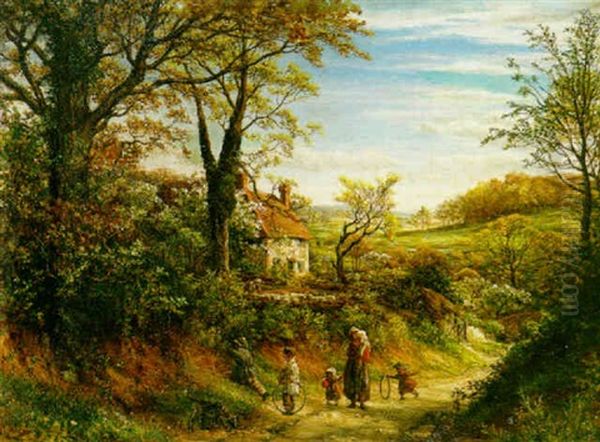 An Extensive Country Landscape With A Mother And Her Children On A Path In The Foreground by Thomas George Linnell