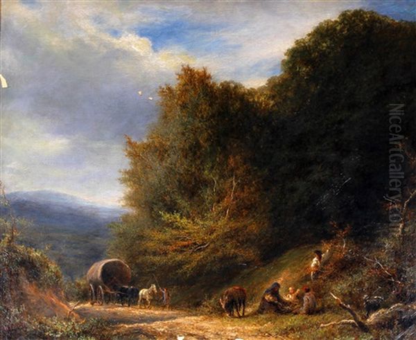 A Travelling Family With Horse And Caravan On A Wooded Path Oil Painting by William Linnell