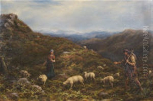 Shepherds With Their Flock In A Mountainous Landscape Oil Painting by William Linnell