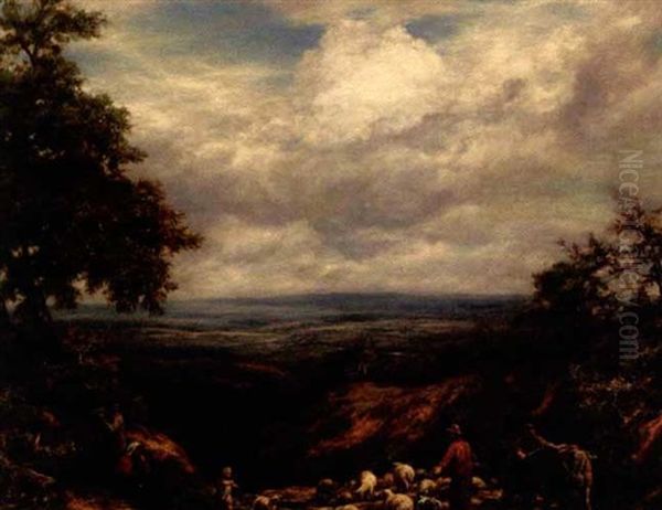 Shepherds On A Hilltop In Surrey Oil Painting by William Linnell