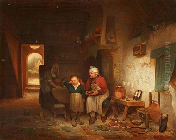 In Grandfather's Cobblers Shop Oil Painting by Willem Linnig the Elder