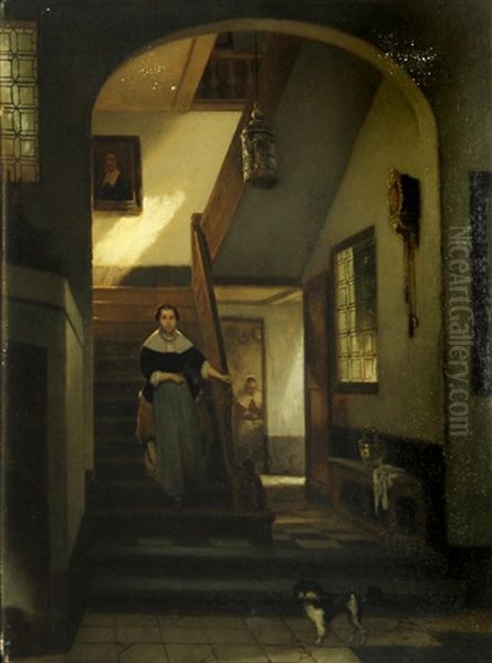 An Interior With A Woman Descending A Staircase Oil Painting by Willem Linnig the Elder