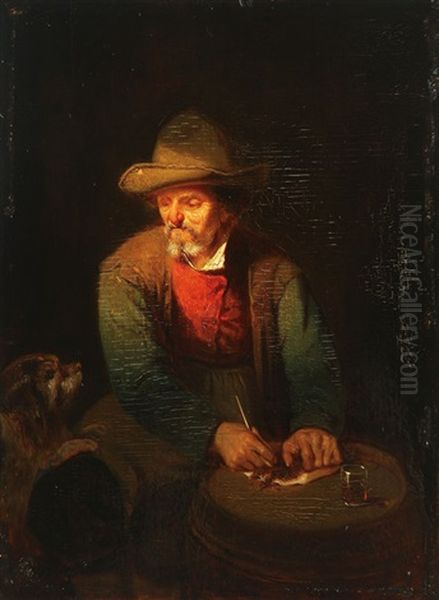 Man With Dog In Tavern Filling His Pipe Oil Painting by Willem Linnig the Elder