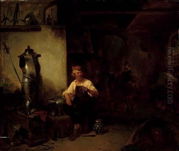 At The Blacksmith Oil Painting by Willem Linnig the Elder