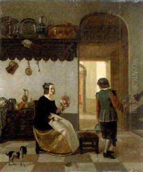 Cutting Flowers In The Kitchen Oil Painting by Willem Linnig the Elder