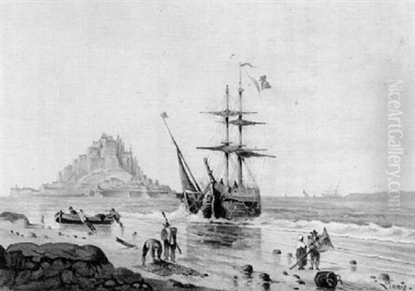 Ansicht Des Mont St. Michel, Im Vordergrund Segelschiffe Und Fischer Oil Painting by Willem Linnig the Elder