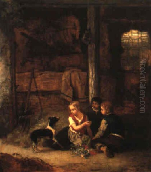 Enfants Et Leur Chien Dans L'etable by Willem Linnig the Elder