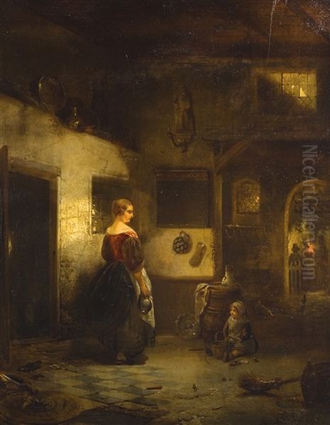 Mere Et Enfant Dans Un Interieur Oil Painting by Willem Linnig the Younger