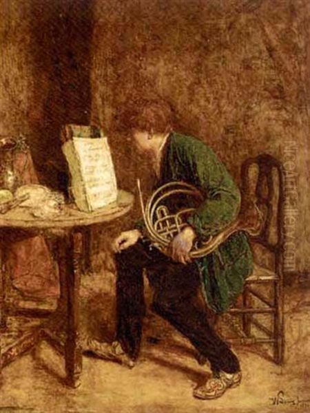 The Horn Player Oil Painting by Willem Linnig the Younger