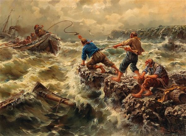 Saving The Shipwrecked Sailors Oil Painting by Egidius Linnig