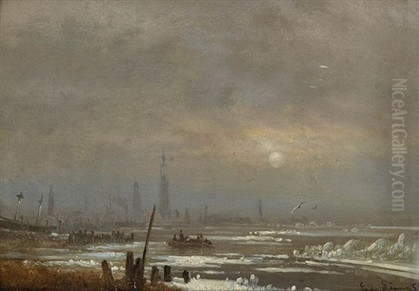 Winter View Of The River Scheldt In Moonlight With Antwerp In The Distance Oil Painting by Egidius Linnig