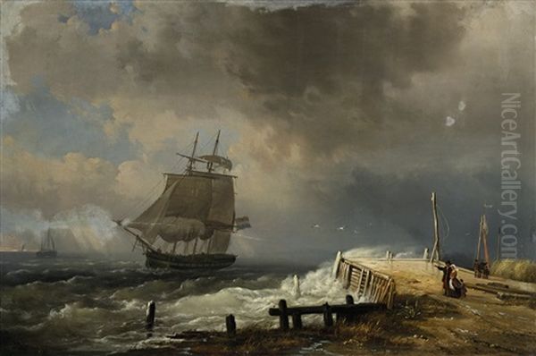 Segelschiffe Auf Bewegter See In Ufernahe Oil Painting by Egidius Linnig