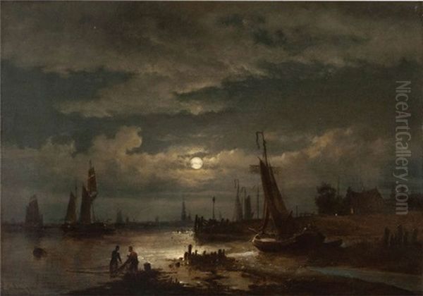 Pecheurs Au Travail Au Clair De Lune, Anvers A L'arriere-plan Oil Painting by Egidius Linnig