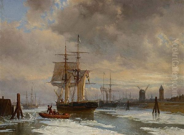 Segelschiffe Im Winterlichen Hafen Oil Painting by Egidius Linnig