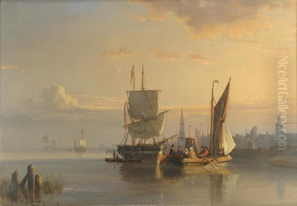 European Harbor Scene With Two Ships, One With Figures In The Foreground And Ships And City In The Background Oil Painting by Egidius Linnig