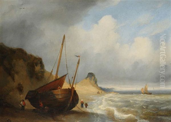 Marine Avec Bateau De Peche Sur La Plage Et Figures Oil Painting by Egidius Linnig