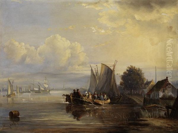 Seeuferlandschaft Mit Anliegenden Segelbooten Und Einem Vollbesetzten Kahn Oil Painting by Egidius Linnig