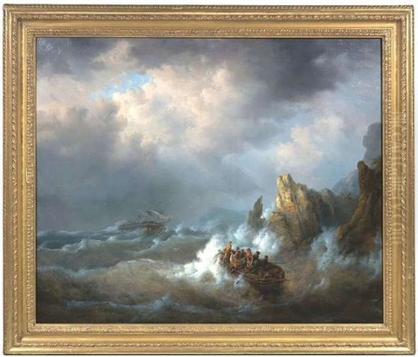 Schiffbruchige Auf Hoher See In Einem Rettungsboot An Einer Felsenkuste Oil Painting by Egidius Linnig