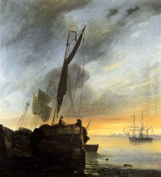 Aangemeerde Vissersboot Op De Schelde Bij Valavond Oil Painting by Egidius Linnig